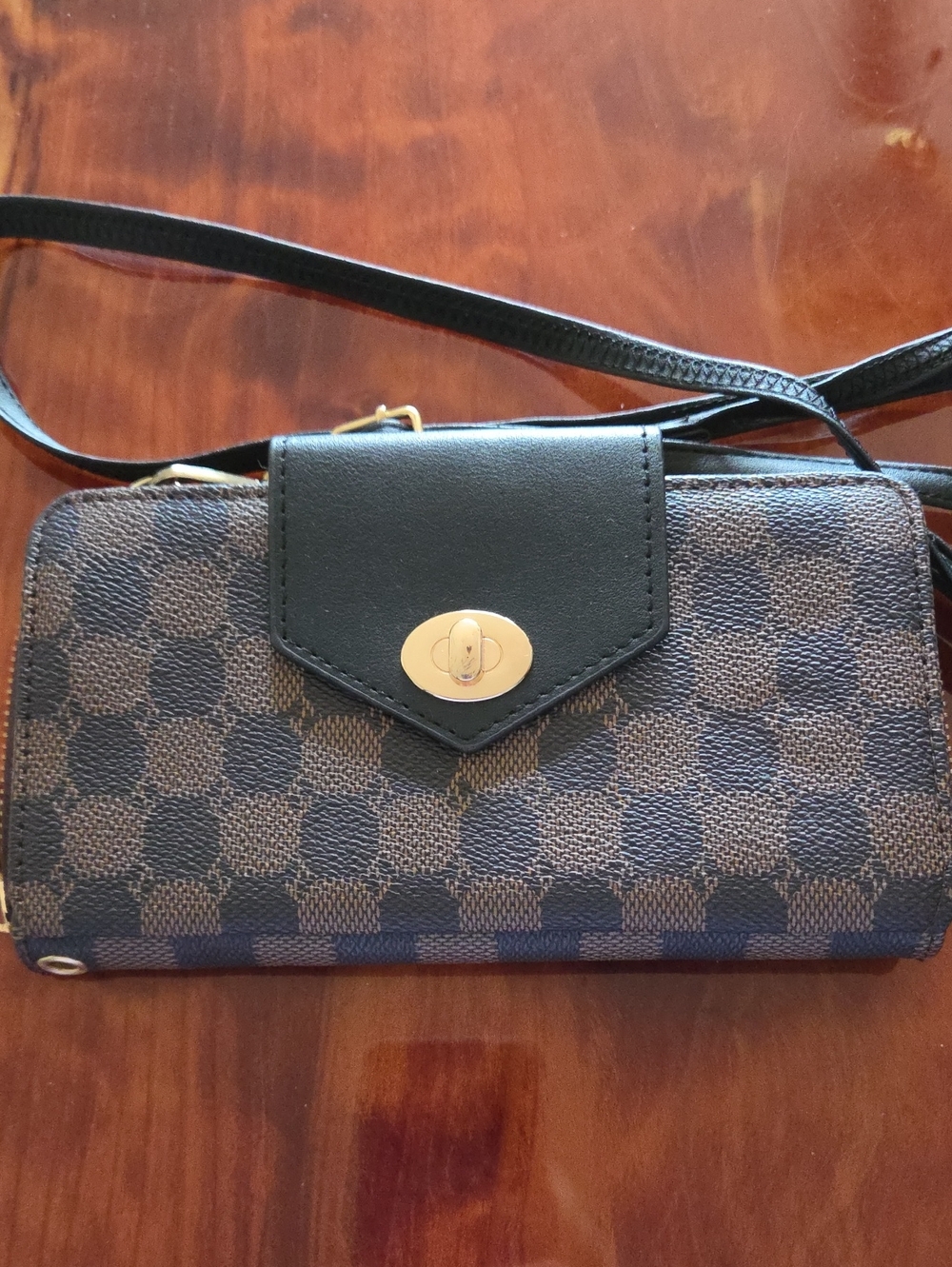 Classic Check-Pattern Crossbody Wallet - Black and Brown